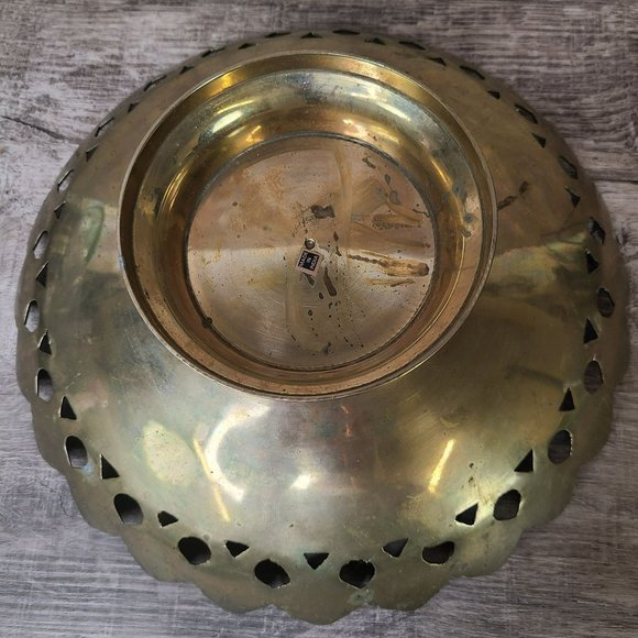 Vtg Enamel & Brass Pedestal Bowl Tray Floral Design Solid Cut 10" Made in India - Picture 3 of 14